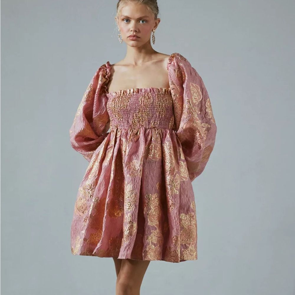 NWT Sister Jane Dream Twilight Jacquard Mini Dress | XSmall | Pink + Gold